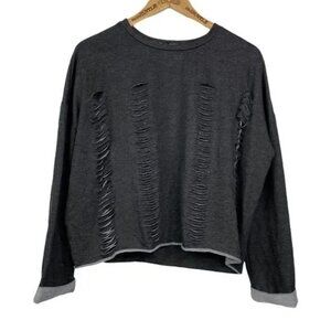 SEE YOU MONDAY WOMEN'S CHARCOAL GRAY‎  SHREDDED/RIPPED LONG SLEEVE TOP XS-EUC